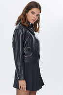 Kendal Women's Black Short Leather Jacket | Derimod Kendal Women's Black Short Leather Jacket | Derimod