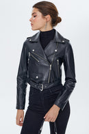 Star Women's Black Leather Biker Jacket | Derimod Star Women's Black Leather Biker Jacket | Derimod