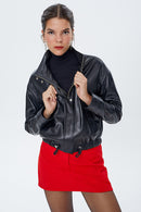 Flora Women's Black Oversize Leather Jacket | Derimod Flora Women's Black Oversize Leather Jacket | Derimod