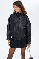 Jenny Women's Black Oversize Leather Jacket | Derimod Jenny Women's Black Oversize Leather Jacket | Derimod
