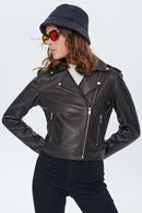 Nikita Women's Black Biker Leather Jacket | Derimod Nikita Women's Black Biker Leather Jacket | Derimod