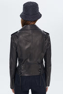 Nikita Women's Black Biker Leather Jacket | Derimod Nikita Women's Black Biker Leather Jacket | Derimod