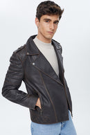 Speedy Men's Black Leather Slim-Fit Biker Jacket | Derimod Speedy Men's Black Leather Slim-Fit Biker Jacket | Derimod
