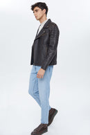 Speedy Men's Black Leather Slim-Fit Biker Jacket | Derimod Speedy Men's Black Leather Slim-Fit Biker Jacket | Derimod