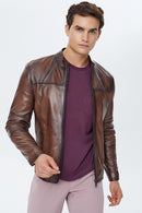 Neymar Men's Brown Leather Jacket | Derimod Neymar Men's Brown Leather Jacket | Derimod