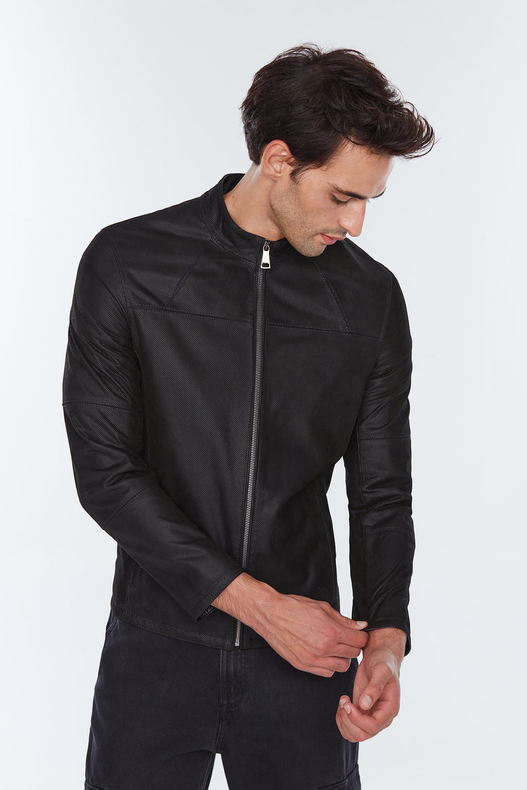 Neymar Erkek Siyah Süet Baskılı Slim-Fit Kısa Deri Ceket