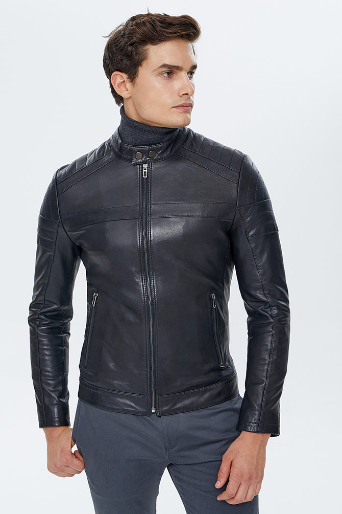 Duncan Erkek Siyah Slim-Fit Deri Ceket