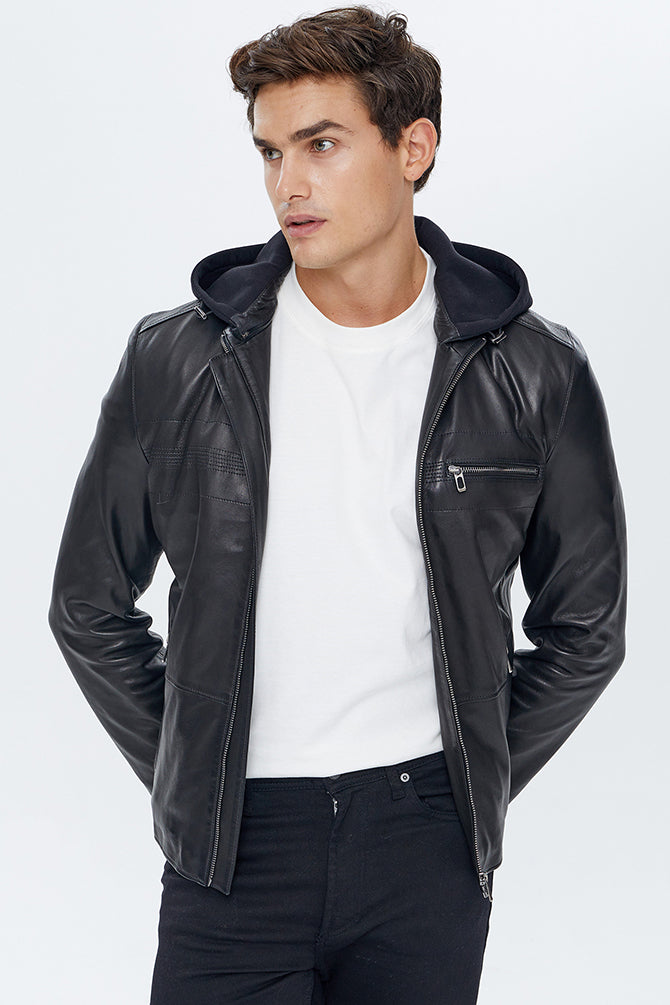 Lopez Erkek Siyah Kapüşonlu Slim-Fit Deri Ceket