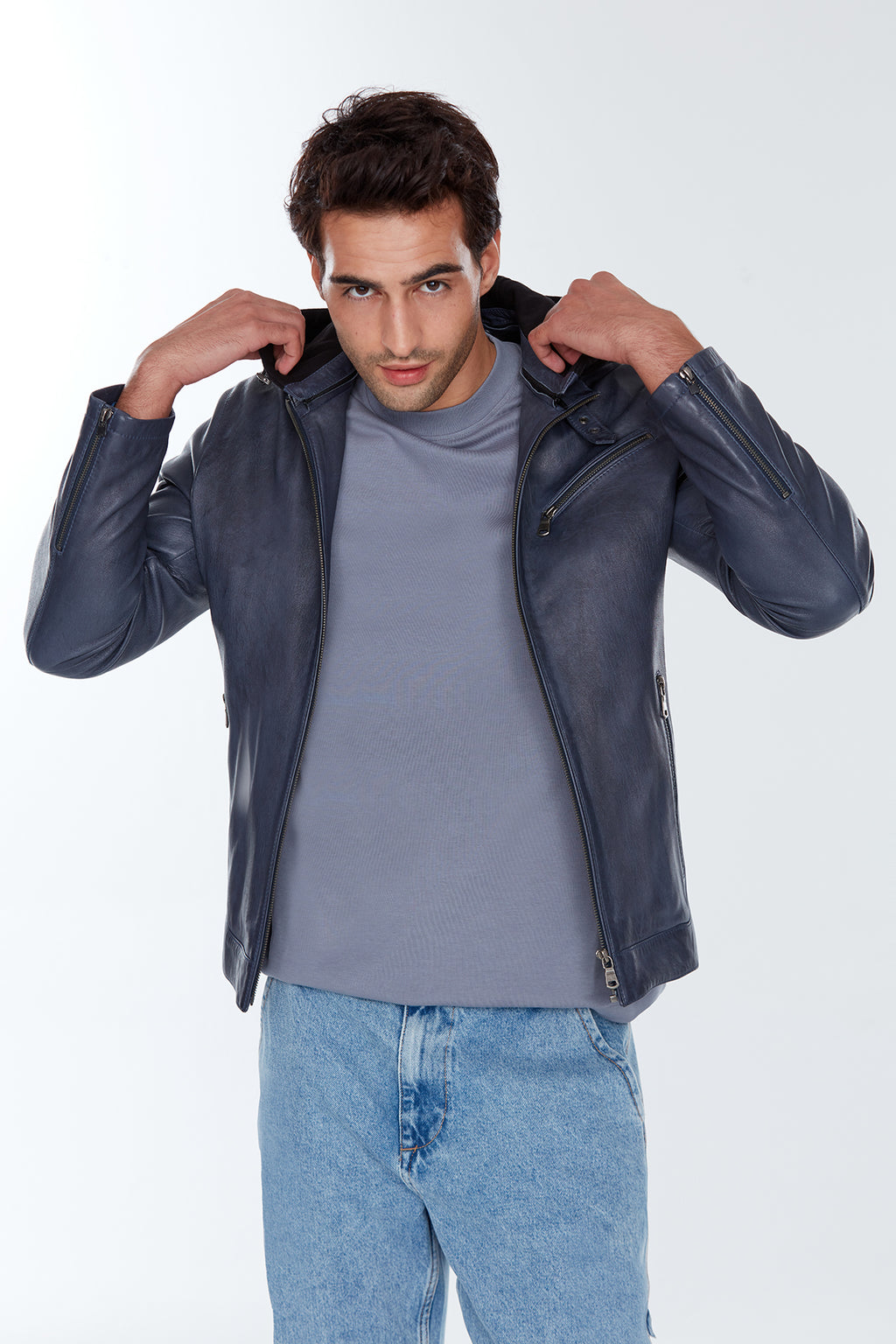Towns Erkek Mavi Kapüşonlu Slim-Fit Spor Deri Ceket