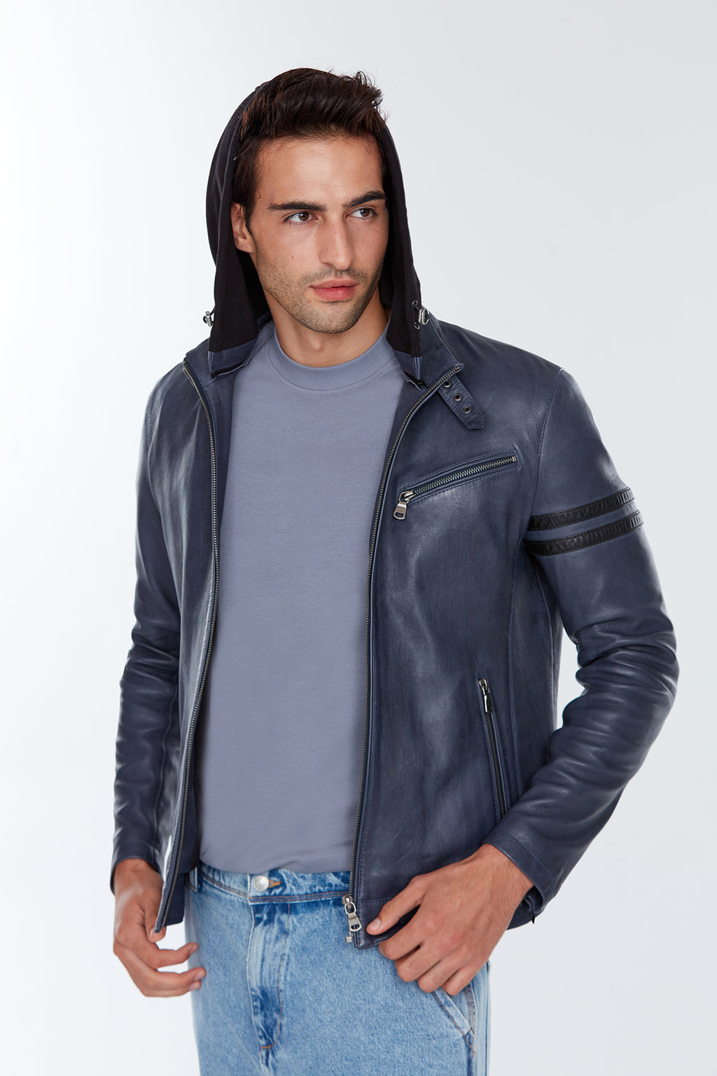 Towns Erkek Mavi Kapüşonlu Slim-Fit Spor Deri Ceket