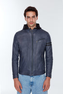 Towns Men's Blue Hooded Slim-Fit Sports Leather Jacket | Derimod Towns Men's Blue Hooded Slim-Fit Sports Leather Jacket | Derimod