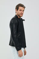 Lebron Men's Black Slim-Fit Leather Jacket | Derimod Lebron Men's Black Slim-Fit Leather Jacket | Derimod