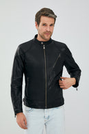 Lebron Men's Black Slim-Fit Leather Jacket | Derimod Lebron Men's Black Slim-Fit Leather Jacket | Derimod