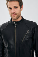 Lebron Men's Black Slim-Fit Leather Jacket | Derimod Lebron Men's Black Slim-Fit Leather Jacket | Derimod