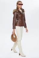 Vera Women's Brown Hooded Leather Coat | Derimod Vera Women's Brown Hooded Leather Coat | Derimod