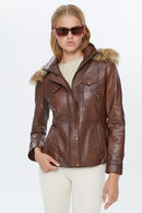 Vera Women's Brown Hooded Leather Coat | Derimod Vera Women's Brown Hooded Leather Coat | Derimod