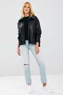 Darlen Women's Black Hooded Oversize Leather Jacket | Derimod Darlen Women's Black Hooded Oversize Leather Jacket | Derimod