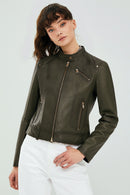 Sonia Women's Khaki Leather Jacket | Derimod Sonia Women's Khaki Leather Jacket | Derimod