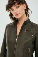 Sonia Women's Khaki Leather Jacket | Derimod Sonia Women's Khaki Leather Jacket | Derimod