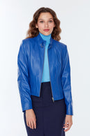 Angie Women's Blue Leather Jacket | Derimod Angie Women's Blue Leather Jacket | Derimod