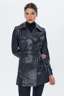 Milla Women's Black Leather Trench Coat | Derimod Milla Women's Black Leather Trench Coat | Derimod