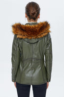 Latinia Women's Khaki Hooded Leather Coat | Derimod Latinia Women's Khaki Hooded Leather Coat | Derimod