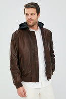 Garry Men's Cognac Hooded Leather Coat | Derimod Garry Men's Cognac Hooded Leather Coat | Derimod