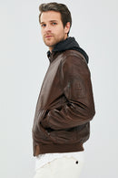 Garry Men's Cognac Hooded Leather Coat | Derimod Garry Men's Cognac Hooded Leather Coat | Derimod