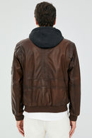 Garry Men's Cognac Hooded Leather Coat | Derimod Garry Men's Cognac Hooded Leather Coat | Derimod