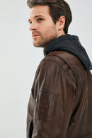 Garry Men's Cognac Hooded Leather Coat | Derimod Garry Men's Cognac Hooded Leather Coat | Derimod