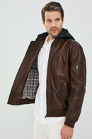 Garry Men's Cognac Hooded Leather Coat | Derimod Garry Men's Cognac Hooded Leather Coat | Derimod