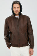 Garry Men's Cognac Hooded Leather Coat | Derimod Garry Men's Cognac Hooded Leather Coat | Derimod