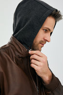 Garry Men's Cognac Hooded Leather Coat | Derimod Garry Men's Cognac Hooded Leather Coat | Derimod