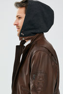 Garry Men's Cognac Hooded Leather Coat | Derimod Garry Men's Cognac Hooded Leather Coat | Derimod