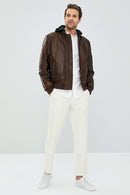 Garry Men's Cognac Hooded Leather Coat | Derimod Garry Men's Cognac Hooded Leather Coat | Derimod
