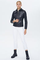 Venus Women's Black Hooded Leather Jacket | Derimod Venus Women's Black Hooded Leather Jacket | Derimod