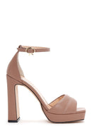 Women's Beige Leather Platform Heeled Sandals | Derimod Women's Beige Leather Platform Heeled Sandals | Derimod