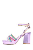 Women's Purple Metallic Thick Heeled Sandals | Derimod Women's Purple Metallic Thick Heeled Sandals | Derimod