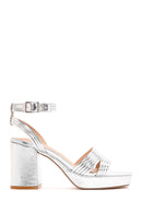 Women's Silver Metallic Thick Heeled Sandals | Derimod Women's Silver Metallic Thick Heeled Sandals | Derimod