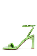Women's Green Metallic Single Strap Heeled Sandals | Derimod Women's Green Metallic Single Strap Heeled Sandals | Derimod