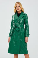 Beyonce Women's Green Leather Trench Coat | Derimod Beyonce Women's Green Leather Trench Coat | Derimod