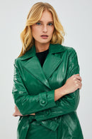 Beyonce Women's Green Leather Trench Coat | Derimod Beyonce Women's Green Leather Trench Coat | Derimod