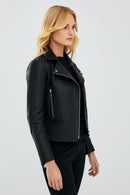 Latoya Women's Black Slim-Fit Biker Leather Jacket | Derimod Latoya Women's Black Slim-Fit Biker Leather Jacket | Derimod