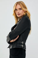 Latoya Women's Black Slim-Fit Biker Leather Jacket | Derimod Latoya Women's Black Slim-Fit Biker Leather Jacket | Derimod