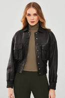 Chloe Women's Black Oversize Leather Jacket | Derimod Chloe Women's Black Oversize Leather Jacket | Derimod