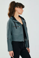 Stella Women's Petrol Green Oversize Hooded Short Leather Jacket | Derimod Stella Women's Petrol Green Oversize Hooded Short Leather Jacket | Derimod
