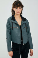 Stella Women's Petrol Green Oversize Hooded Short Leather Jacket | Derimod Stella Women's Petrol Green Oversize Hooded Short Leather Jacket | Derimod