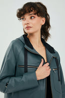 Stella Women's Petrol Green Oversize Hooded Short Leather Jacket | Derimod Stella Women's Petrol Green Oversize Hooded Short Leather Jacket | Derimod