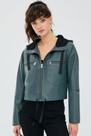 Stella Women's Petrol Green Oversize Hooded Short Leather Jacket | Derimod Stella Women's Petrol Green Oversize Hooded Short Leather Jacket | Derimod