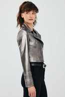 Joy Silver Women's Biker Short Leather Jacket | Derimod Joy Silver Women's Biker Short Leather Jacket | Derimod